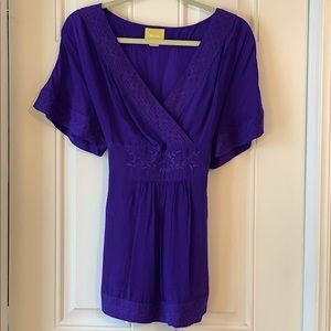 Anthropologie Maeve Purple Short Sleeve Top, Ties in Back, Embroidered Trim Sz 6